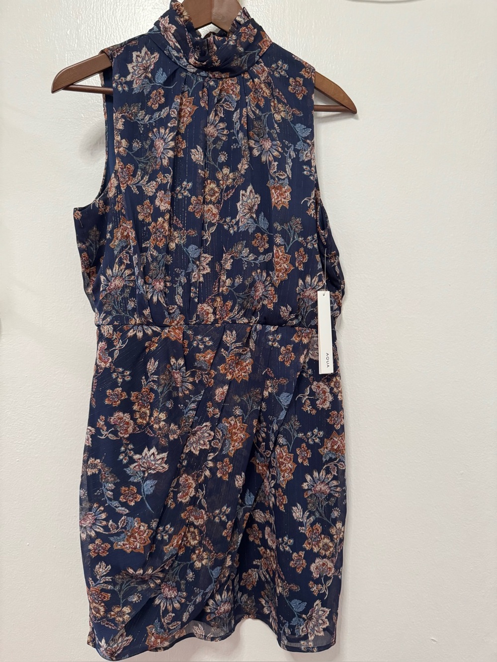 Aqua Sleeveless Navy Floral High-Neck Dress with tag